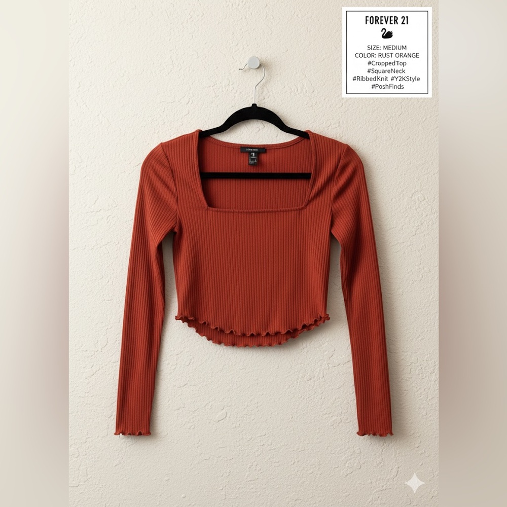 Forever 21 Ribbed Rust Orange Cropped Top Square Neck Lettuce Hem Long Sleeve M